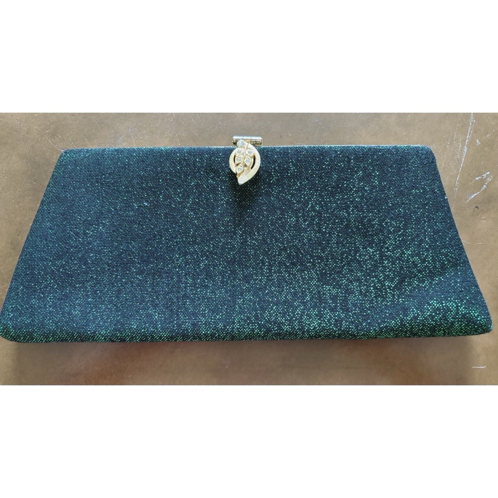 Vintage Dark Green Glitter Evening Clutch Gold Tone Leaf Clasp With Crystals